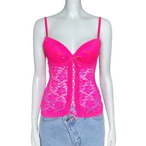 Vintage Y2K Hot Pink Trashy2K Bra Bustier Top Sheer Lace. XS/S 34B. Bimbo Rave